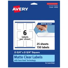 Avery Matte Clear Labels,2-3/4" x 2-3/4" Square