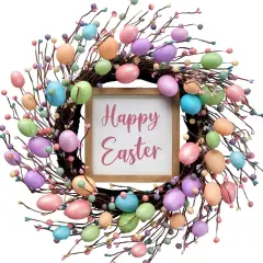 18&rdquo; Easter Wreath with Eggs & Happy Easter Sign &ndash; Spring Front Door & Home D&eacute;cor
