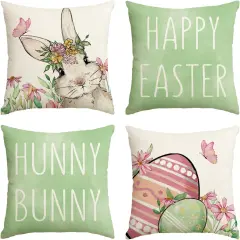 Set of 4 Happy Easter "Hunny Bunny" Green Throw Pillow Covers &ndash; 18" x 18" Spring Cushion Cases for Sofa & Couch