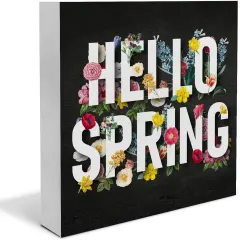 Spring Decor, Rustic Hello Spring Wood Sign Floral Art Decorations Tabletop Shelf Desk Home Decor, 5 X 5 Inches