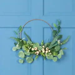 Northlight Eucalyptus Leaf and Fern Golden Ring Artificial Wreath - 30" Green