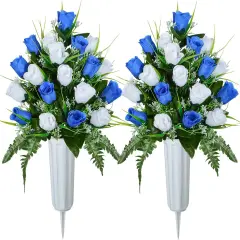 2 Sets Artificial Cemetery Rose Bouquets with Vase &ndash; Memorial Grave Decorations for Lasting Tribute