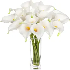 Fake Flowers in Vase 14&ldquo; Artificial Calla Lily Pure-White Flowers Arrangement with Vase and Faux Water for Home Decor Dining Table