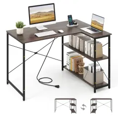 Costway 48'' Reversible L Shaped Computer Desk Home Office Table Adjustable Shelf Brown\Gray\Natural