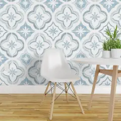 Pre-Pasted Wallpaper 2FT Wide Mosaic Traditional Classic Faux Tile Blue And White Ogee Flowers Geometric Modern Farmhouse Rustic Country Home Custom Pre-pasted Wallpaper by Spoonflower