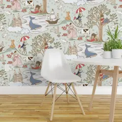 Pre-Pasted Wallpaper 2FT Wide Whimsical Fairytale Reading Story Time Storybook Children Toile Whale Frog Tree Pirate Ship Moon Stars Dragon Castle Clouds Fox Rabbit Bunny Custom Pre-pasted Wallpaper by Spoonflower