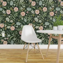 Pre-Pasted Wallpaper 2FT Wide Dark Green Botanical Vines Pink Blue Flowers Moody Hand Drawn Traditional Custom Pre-pasted Wallpaper by Spoonflower