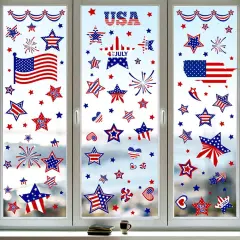 9 Sheets 4th of July Patriotic Stars Window Stickers Double-Sided Red White Blue