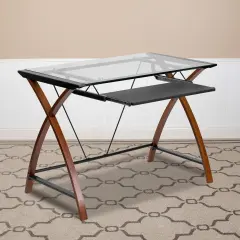 Emma and Oliver Glass Computer Desk-Pull-Out Keyboard Tray & Crisscross Frame ClearTop/CherryFrame