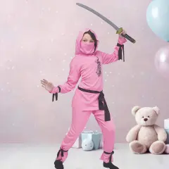 Pink Ninja Child Costume with Dragon Print Hood and Matching Accessories