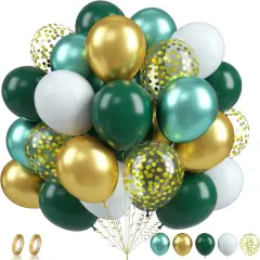 Green Gold Balloons Set, 60PCS Dark Green White Gold Balloons, 12Inch Metallic Green Gold Latex Balloons Gold Confetti Balloons Helium for Jungle Safari Birthday Wedding Baby Shower Party Decoration