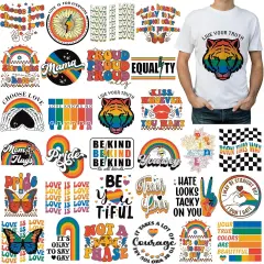 30 Pcs Gay Pride Iron on Transfers Rainbow HTV Iron on Decal LGBT Pride Month Iron on Patches Vinyl Heat Transfer Sticker Ready to Press for Clothing T Shirts Jacket Bag Hat DIY
