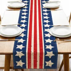 4th of July Dining Table Runner, Patriotic America Stars Stripes Burlap Kitchen Decoration, American USA Indoor Outdoor Home Decor Party Supply