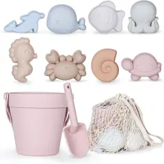 11Pcs Summer Silicone Beach Toys,Modern Baby Beach Toys,Travel Friendly Beach Set,Silicone Bucket, Shovel, 8 Sand Molds, Beach Bag,Silicone Sand Toys for Toddlers, Kids (Pink)