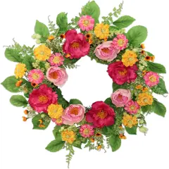 22 inch Artificial Summer Wreaths for Front Door, Rose Peony Wreath Front Door with Berry Green Leaves Suitable for Summer for Wall Door Farmhouse Holiday Decorations (Pink)