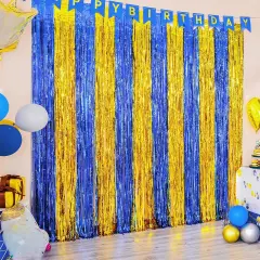 2 Pack Navy Blue and Gold Party Decorations, 3.3x6.6 ft Foil Fringe Curtains, Tinsel Backdrop, Graduation Photo Booth Prop Streamer Backdrop for Birthdays, Ramadan, Retirement, Graduations