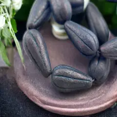 *6* 22x11mm Etched Matte Montana Blue Luster Melon Drop Beads