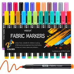 VEESA Fabric Markers, 24 Colors Permanent Fabric Paint Marker for Clothes, Fine Point Textile Marker Pen for T-Shirt Shoes, Non-Toxic & Kid Safe