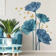 Large Blue Flower Wall Decals Butterfly Floral Wall Stickers Backdrop for Living Room Bedroom Bathroom Wall Decor