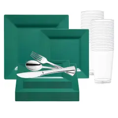 Hunter Green Square Plastic Plates Wedding Value Set (20 Settings)