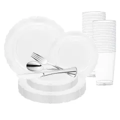 Clear with Silver Vintage Rim Round Disposable Plastic Wedding Value Set (20 Settings)
