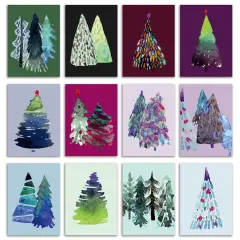 Whimsical Watercolor Christmas Tree Greeting Cards - 24-Pack Holiday Note Cards in 12 Unique Tree Designs, Blank Inside, Perfect for Sending Merry Christmas & Happy Holiday Wishes - Artistic Festive Stationery Set for Seasonal Cheer