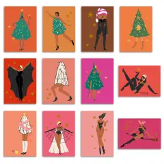 Fashion Christmas Cards - 24-Pack Holiday Greeting Cards with 12 Stylish and Playful Festive Outfits, Perfect for Sharing Merry Christmas & Holiday Wishes, Blank Inside for Personalized Messages - Bold and Unique Stationery Set