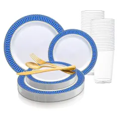 White with Gold Spiral on Blue Rim Plastic Wedding Value Set (60 Settings)