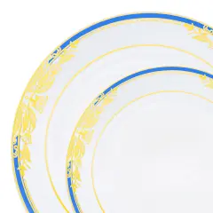 White with Blue and Gold Harmony Rim Plastic Dinnerware Value Set (120 Guests)
