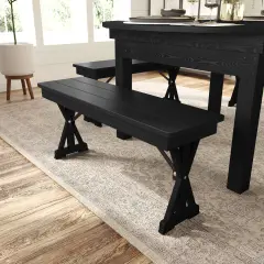 Merrick Lane Tinsley 40" x 12" Solid Pine Folding Farmhouse Style Bench, Rustic Pinewood Folding Dining Bench with Locking X-Legs Black Wash