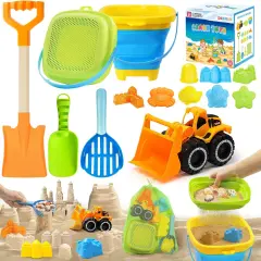 Beach Sand Toys for Kids with Collapsible Bucket and Mesh Bag, Toddlers Filter Sand Scooper Mesh Shovel Cover for Collecting Shells, Castle Molds, 16 Pcs Beach Essentials Toys for Summer Outdoor Beach