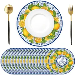 50 Pack Lemon Paper Placemats Disposable 50 Pack 13.7 Inch Cyan Blue Tiles Lemon Fruit Round Place Mats Summer Table Mats for Kitchen Dining Party Decoration