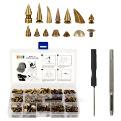 150-Piece Bronze Spikes and Studs Set, 13 Assorted Shapes with Screws, Phillips Screwdriver, Hole Punch Tool, and Plastic Storage Case for Crafts and Clothing Decorations Brown