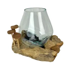 Handcrafted Glass and Teak Vase with Wood Mushroom Embellishments, Rustic Accent Brown