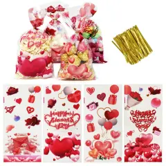 Wrapables Valentines Cellophane Treat Bags With Twist Ties for Candy, Cookies, Treats, Gifts and Party Favors (100pcs), Happy Valentines