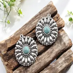 *5* 34x30mm Antique Silver w/Turquoise Sunflower Pendants