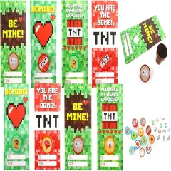 Tiny Mills 36 PACK Pixel Miner Cards with Pixel Miner Stampers for Valentine's Day Classroom Exchange Party Favor Prizes
