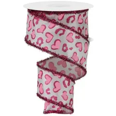 2.5" Heart Leopard Tinsel Edge Ribbon: White (10 Yards)