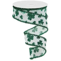 1.5" Glitter Shamrock Tinsel Ribbon: White (10 Yards)
