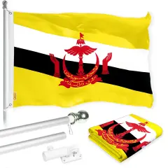 G128 Combo Pack: 6 Ft Tangle Free Aluminum Spinning Flagpole (Silver) & Brunei Bruneian Flag 3x5 Ft, LiteWeave Pro Series Printed 150D Polyester | Pole with Flag Included