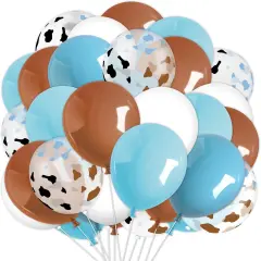 60Pcs Cowboy Western Party Balloon Blue Brown Cow Printed Latex Cow Spot Clear Balloon for Wild West Birthday Baby Shower Farm Party Decor, 12 in