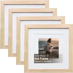 8x8 Picture Frame, Natural Square Solid Wood Frames for Pictures 4x4 and 6x6 with Mat or 8x8 without Mat, Wall and Tabletop Display Photo Frames Natural Wood 4 Pack