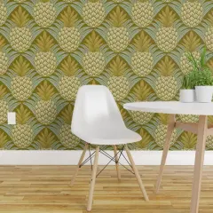 Pre-Pasted Wallpaper 2FT Wide Bold Pineapples Moss Green Pale Blue Tropical Fruit Retro Kitchen Custom Pre-pasted Wallpaper by Spoonflower