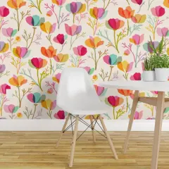 Peel & Stick Wallpaper 2FT Wide Watercolor Floral Botanical Garden Poppy Mid Century Modern Stained Glass Layered Textured Summer Spring Hand Painted Bloom Flowers Feminine Custom Removable Wallpaper by Spoonflower
