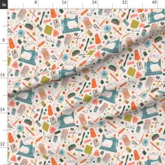 Various Fabrics by the Yard or Fat Quarter Cottagecore Vintage Retro Hand Drawn Sewing Notions Machine Craft Room Hobbies Needle And Thread Supplies Crafty Buttons Scissors Thimble Pink Custom Printed Fabric by Spoonflower