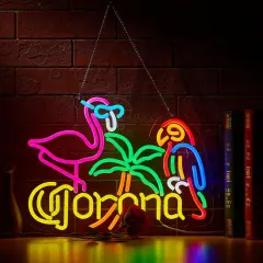 Summer Flamingo and Parrot Coro Neon Sign for Wall D&eacute;cor, Dimmable Beer Bar LED Man Cave Neon Light, USB Powered Neon Art Signs Decor Gifts