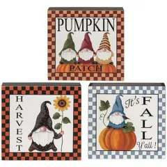 Fall Gnome Box Sign Set Freestanding Wood Shelf Decor with Pumpkin and Sunflower Prints 3 Asstd.