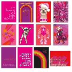 Pink Christmas Greeting Cards Boxed Set &ndash; 24 Holiday Cards with 12 Unique Fun Designs, Perfect for Teens and Trendy Celebrations, Bulk Pack with Envelopes