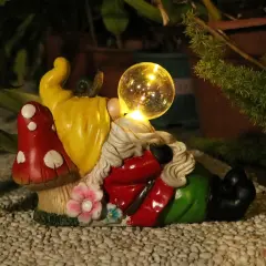 Garden Statue Gnome Outdoor Decor, Funny Gnome Figurine Lying on Mushroom with Crackle Glass Globe Lights, Waterproof Resin Gnome Ornament Tabletop Decorations for Porch Lawn Yard Decor