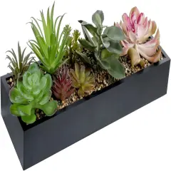 Artificial Assorted Succulent Arrangement in Rectangular Black Wood Planter Box, Fake Plant Decor